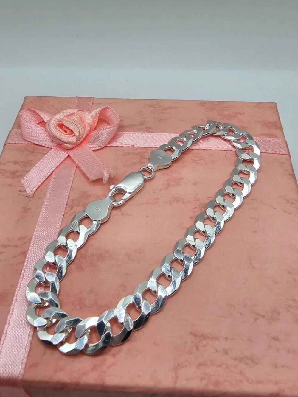 Sterling Silver 925 High Polished Diamond Cut Curb Bracelet 7.2mm 9 inches